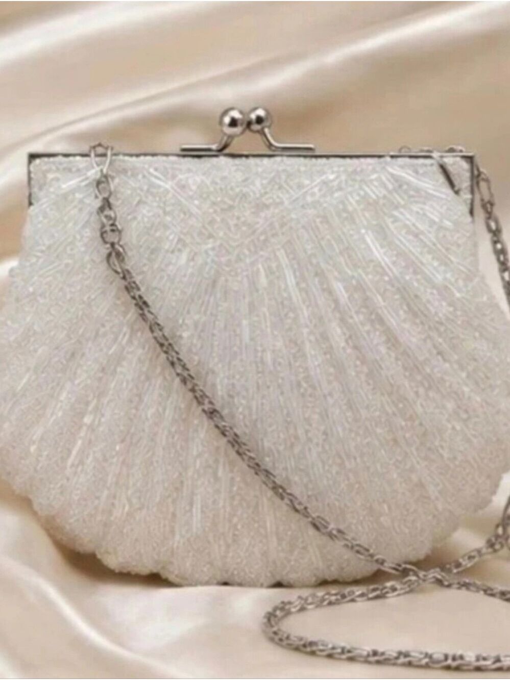 Preston & York White Iridescent Glass Beaded Clamshell Evening Bag
